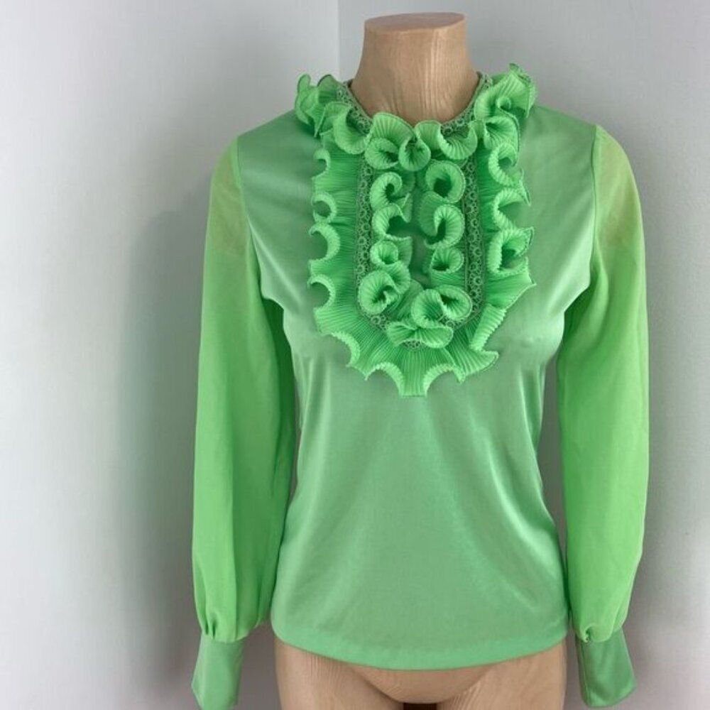 Vintage Young Con tempo’s Women's XS S Green Regal Ruffled Blouse Shirt Frill - Picture 15 of 16
